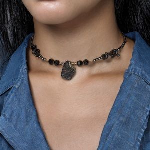 VINTAGE 🖤 90s Handmade Onyx Black Tourmaline Red Jasper Stone Choker Necklace